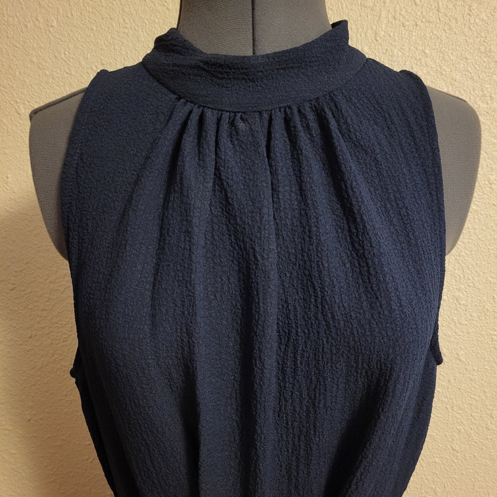 Anne Klein Navy Crinkle Mock Neck Tiered Maxi Dress Size 10 - Picture 4 of 8